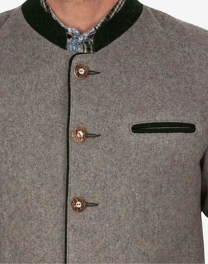 Close up of Bavarian jacket side buttons showing decorative alpine buttons and fine stitching on traditional Trachten jacket.
