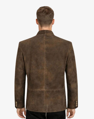 Brown suede jacket worn by a person on a white background