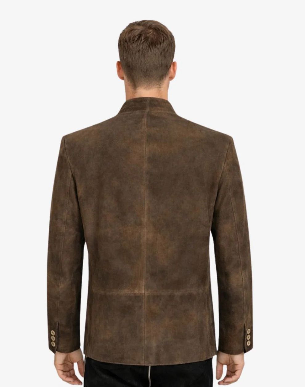 Brown suede jacket worn by a person on a white background