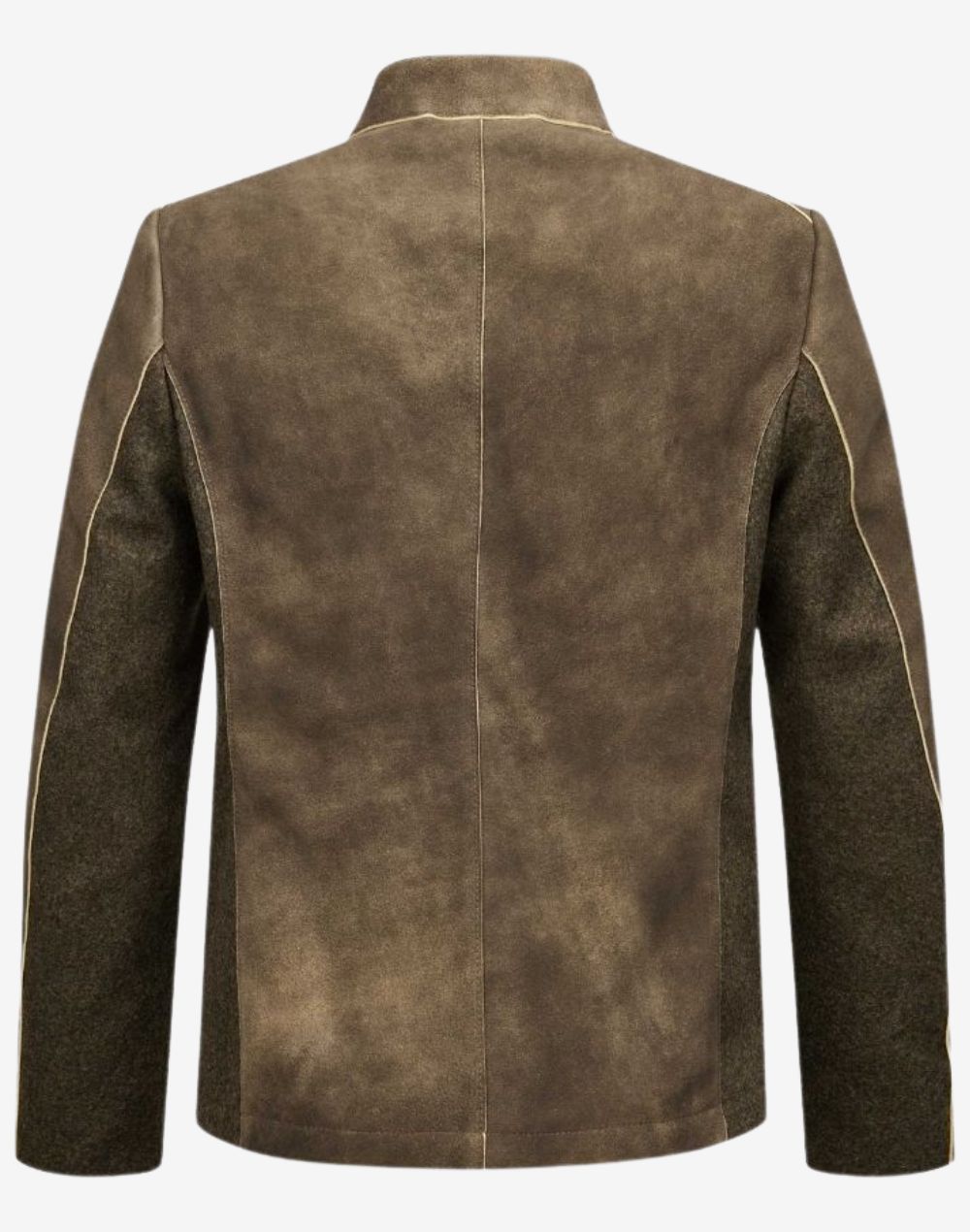 Back view of Bavarian leather trachten jacket for men showing structured rear panel design, tailored alpine fit and authentic traditional styling