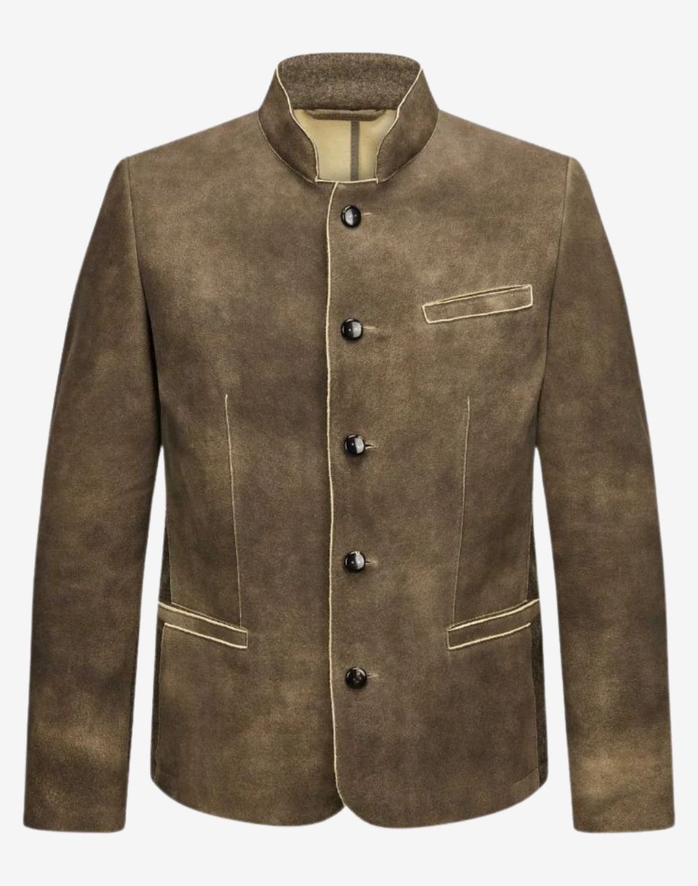 Bavarian leather trachten jacket for men featuring traditional stand collar, button front closure and classic alpine fit in brown leather