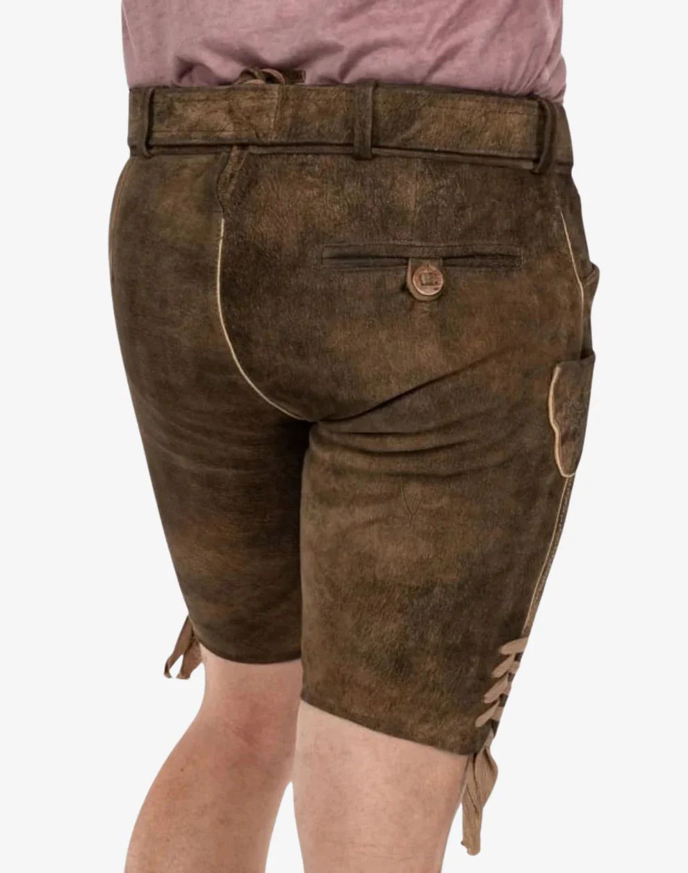 Brown leather shorts with a belt on a white background