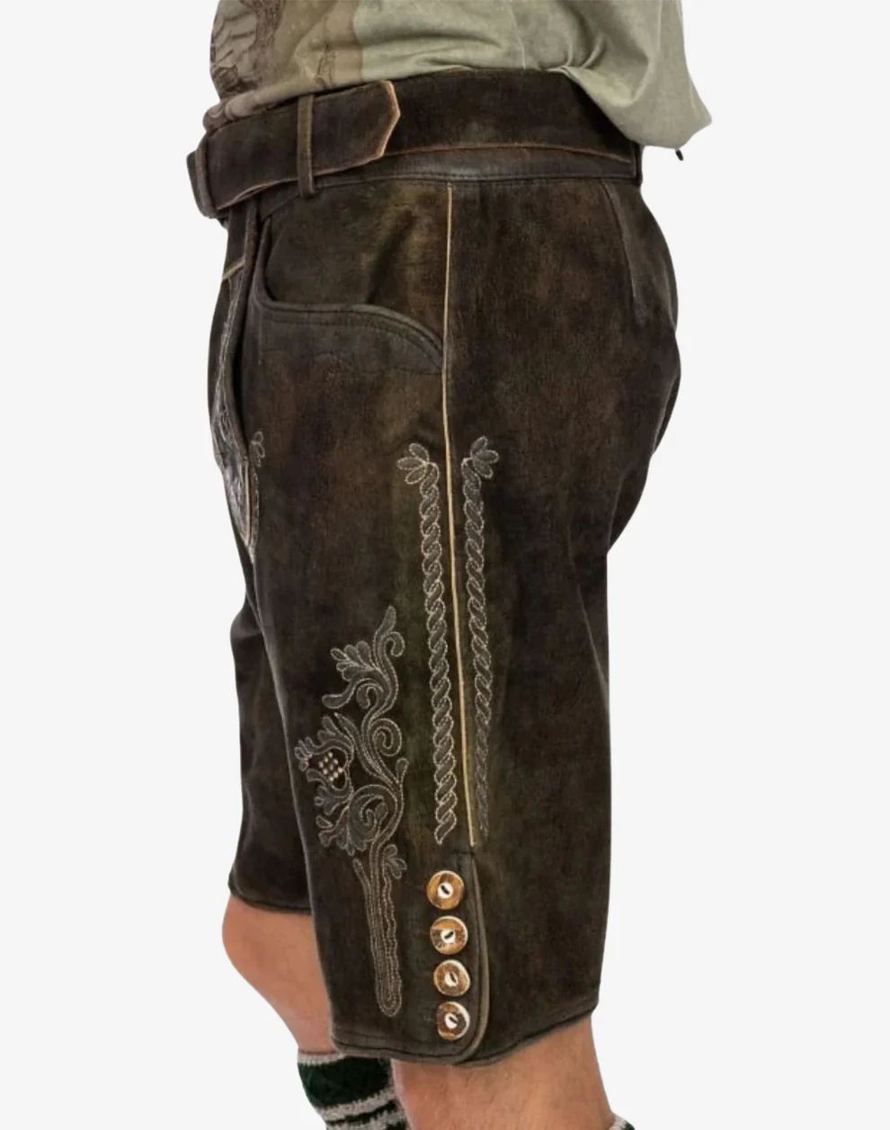 Brown leather shorts with decorative stitching and buttons on a white background