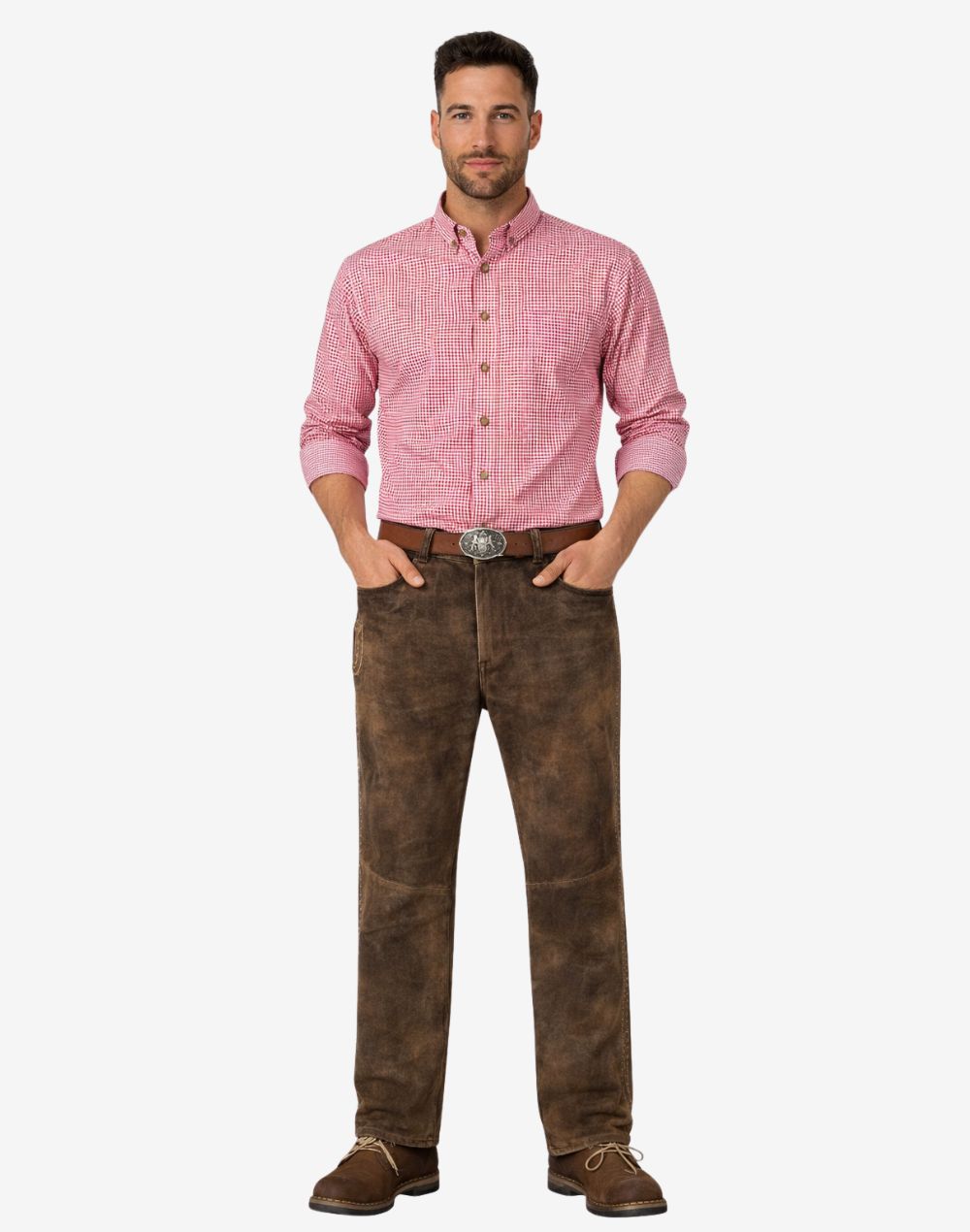 Man wearing a pink checkered shirt and brown pants on a white background