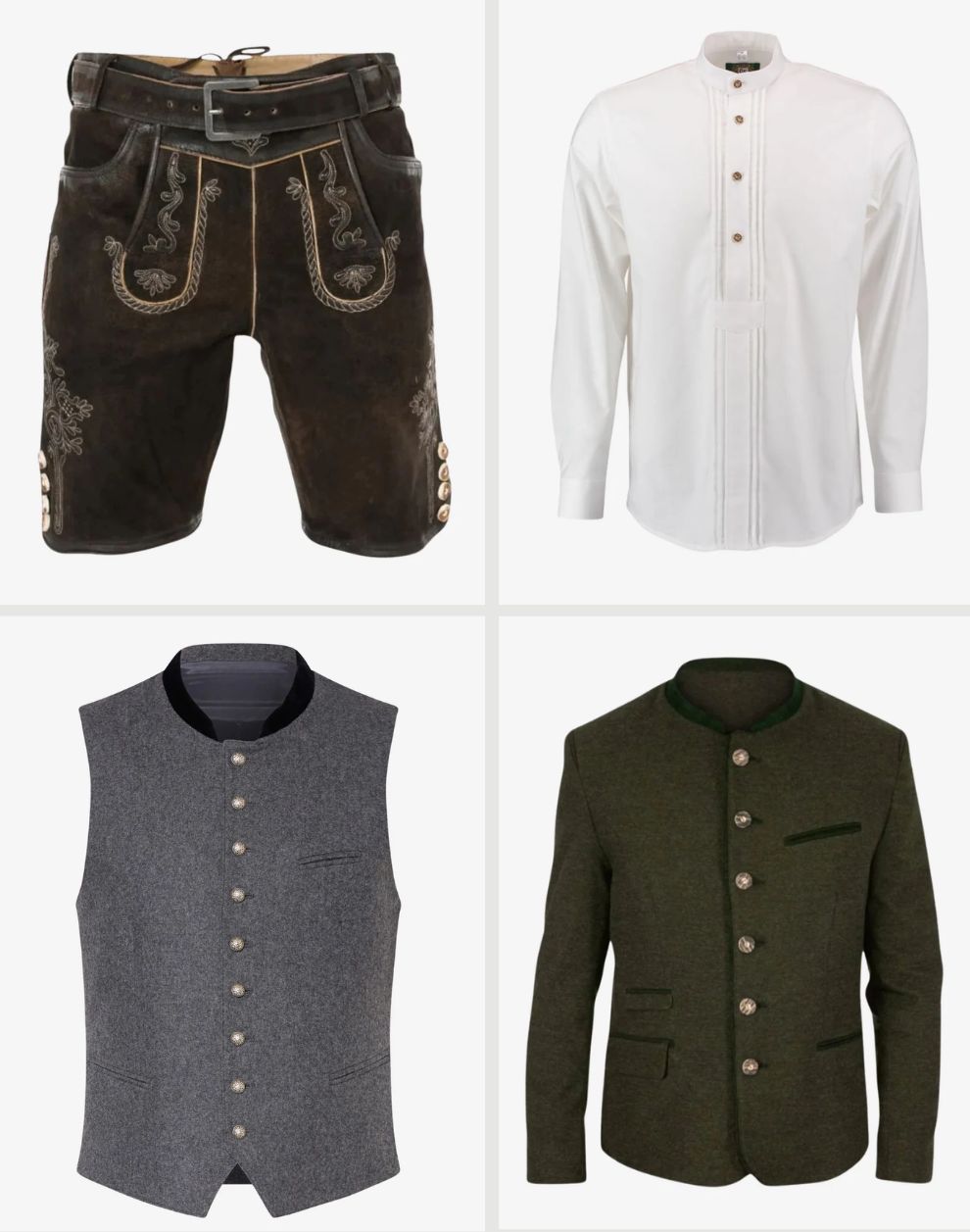 Four pieces of traditional Bavarian clothing including shorts, shirt, vest, and jacket.