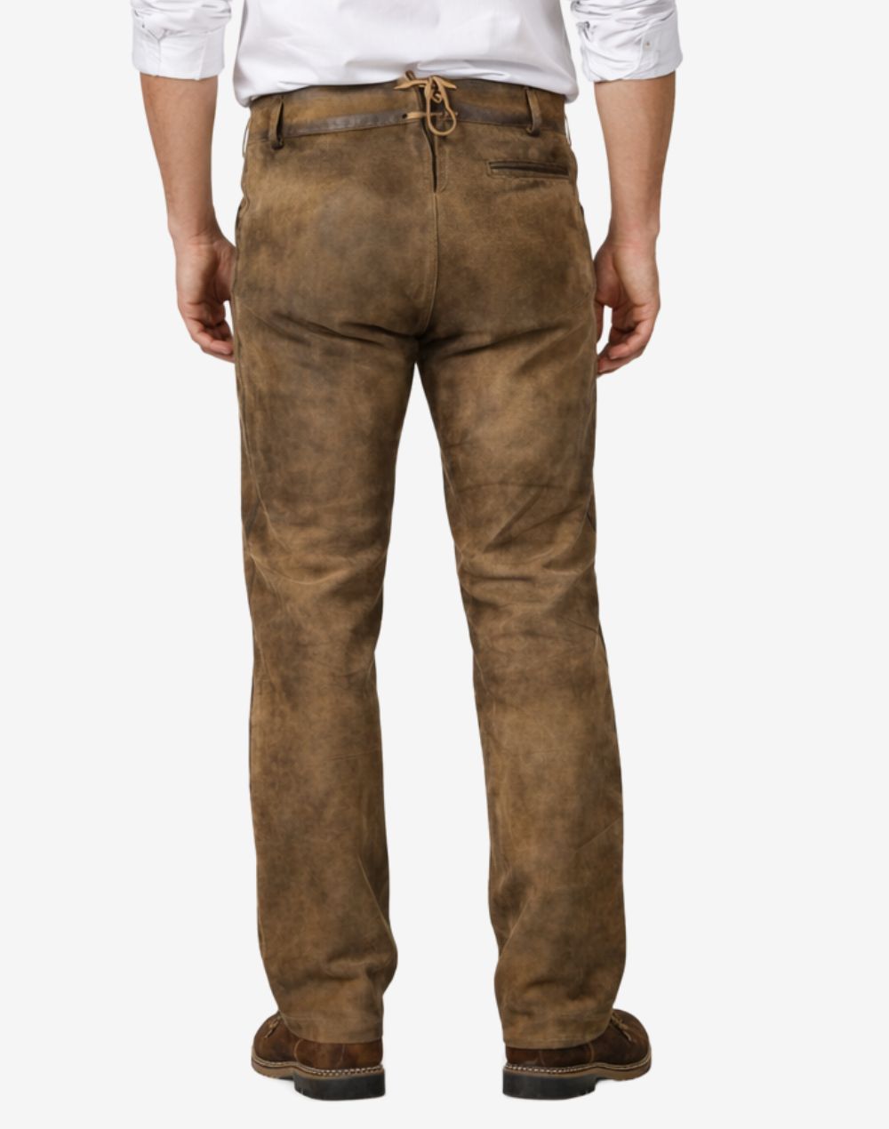 Back view of model wearing Bavarian Long Lederhosen Pants featuring traditional rear pockets and lace detail