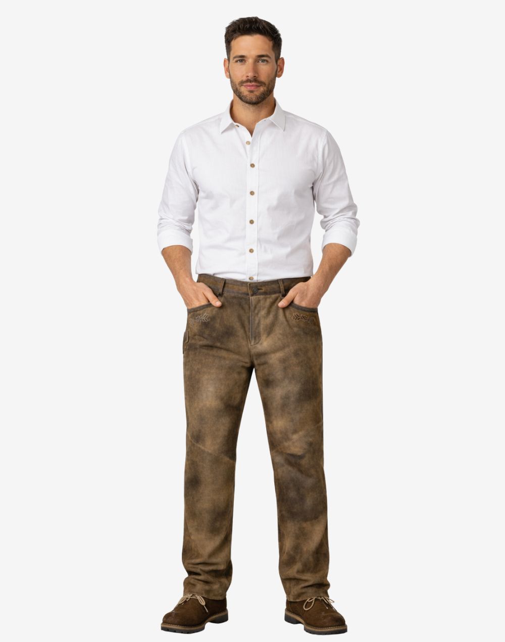 Front view of model wearing Bavarian Long Lederhosen Pants in rustic brown leather with classic five pocket styling