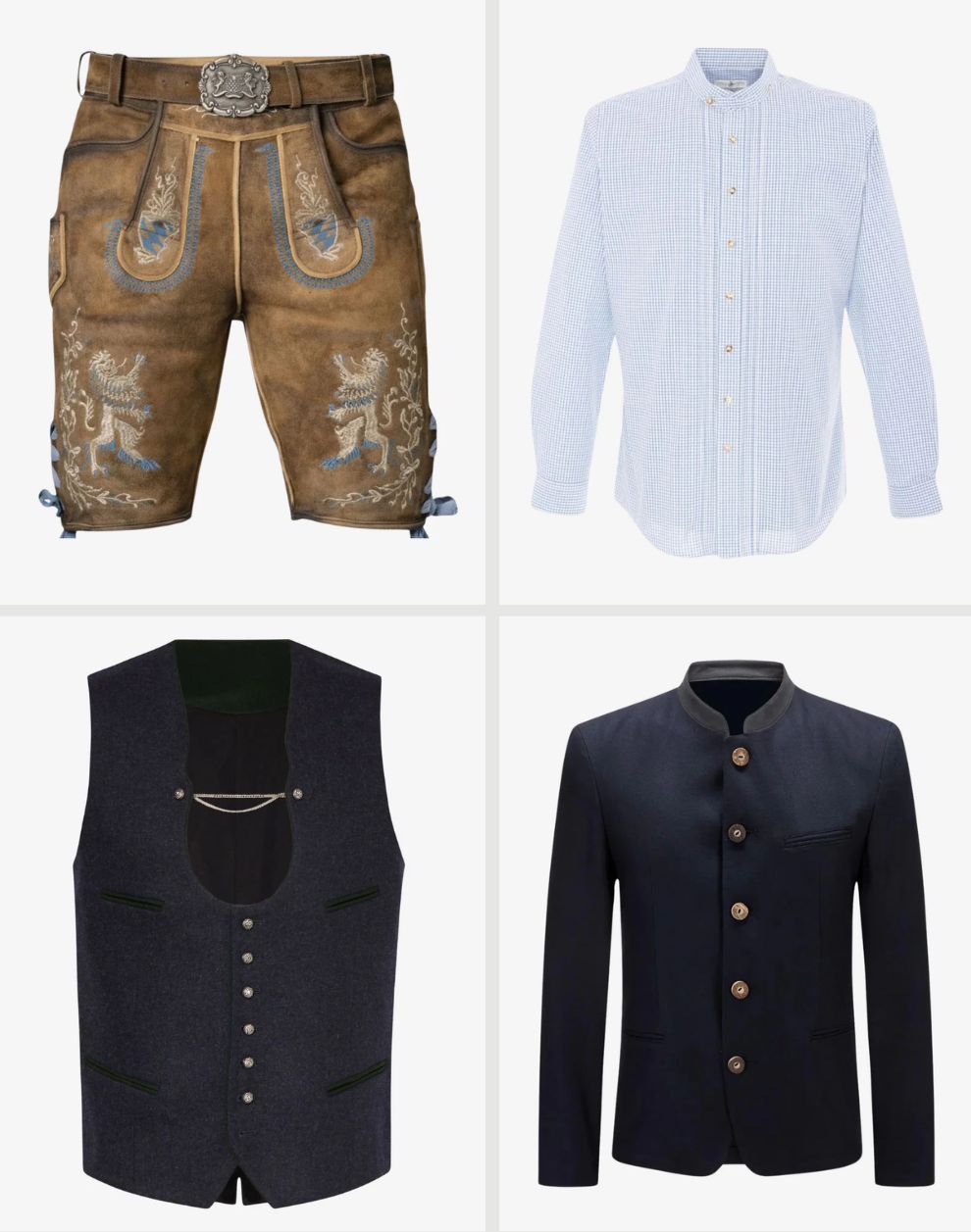 Four pieces of traditional German clothing including shorts, a shirt, vest, and jacket on a white background.