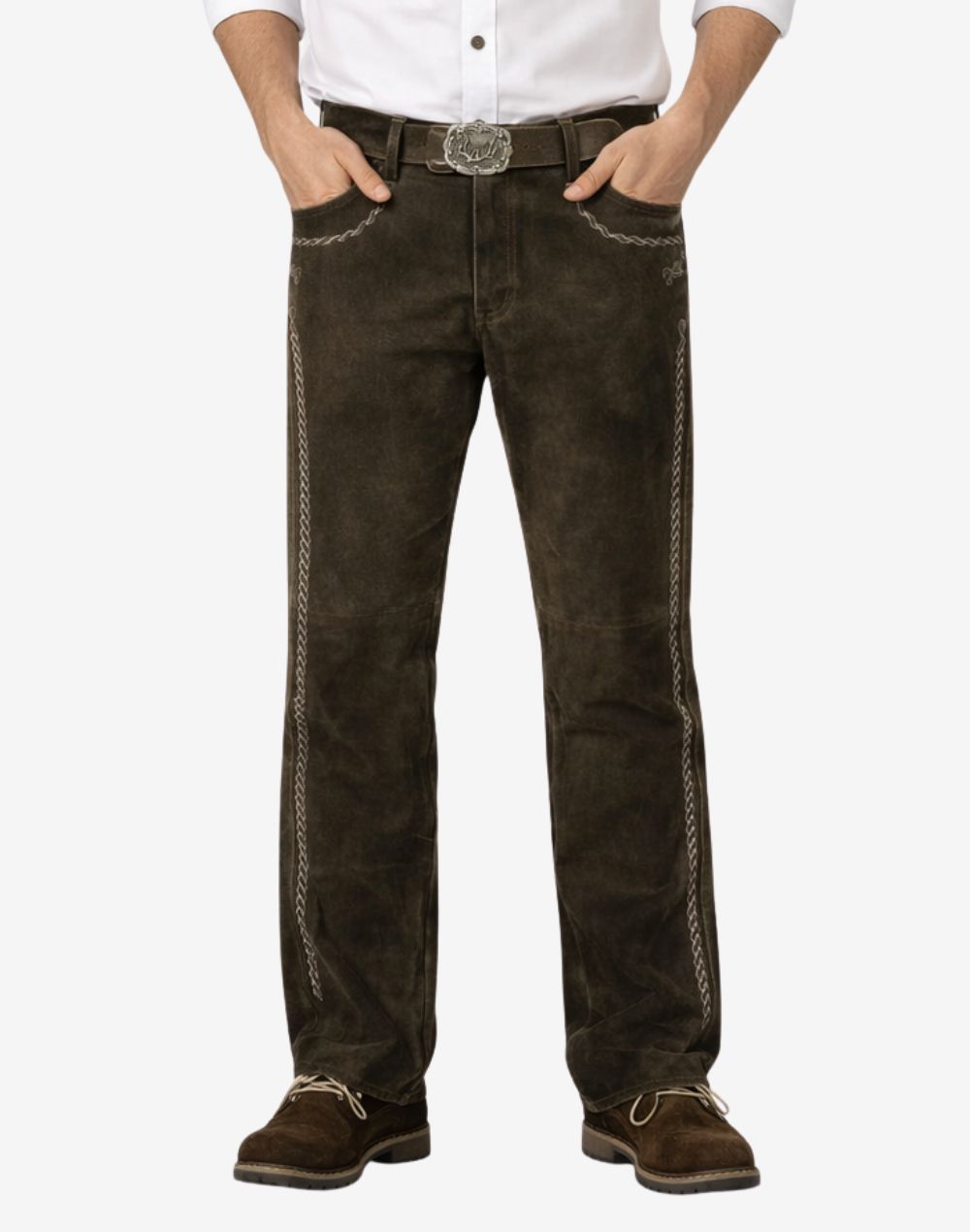 Brown jeans worn by a person on a white background