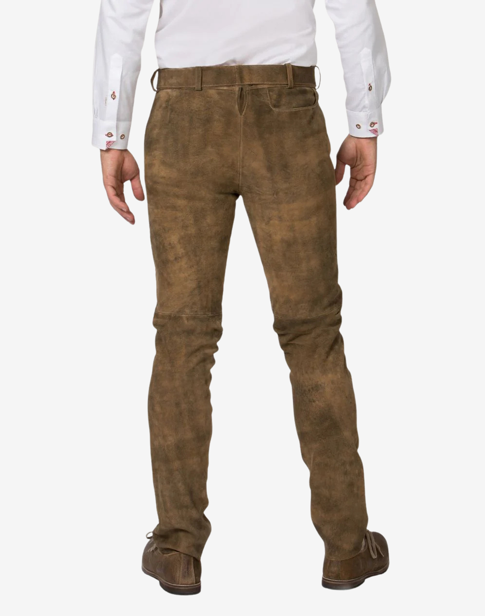 Brown leather pants worn by a person on a white background