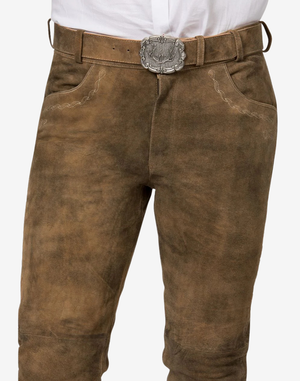 Brown leather pants with a belt and decorative buckle on a white background