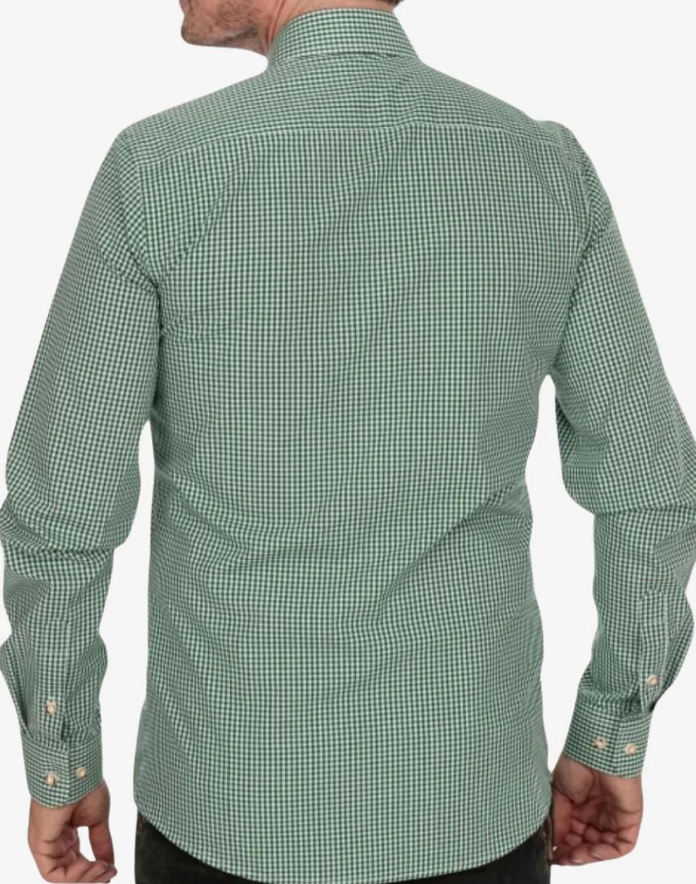 Green checkered shirt worn by a person on a white background