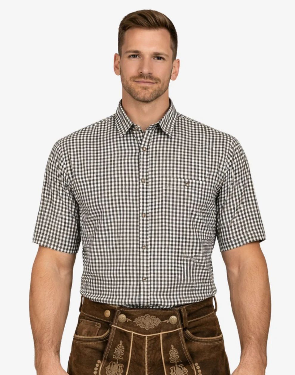 Man wearing a checkered shirt and brown traditional pants on a white background