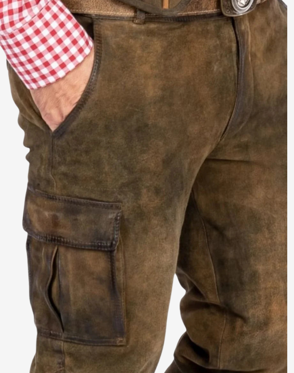 Brown leather pants with a checkered shirt underneath on a white background