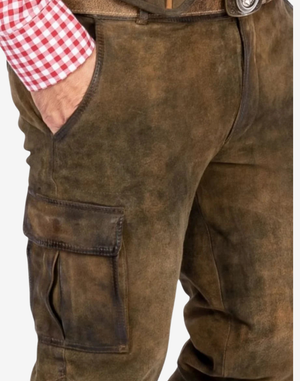 Brown leather pants with a checkered shirt underneath on a white background