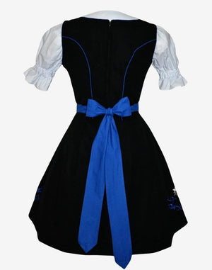 Back view of Bavarian dirndl showing fitted waist, green apron tie and classic traditional alpine dress silhouette