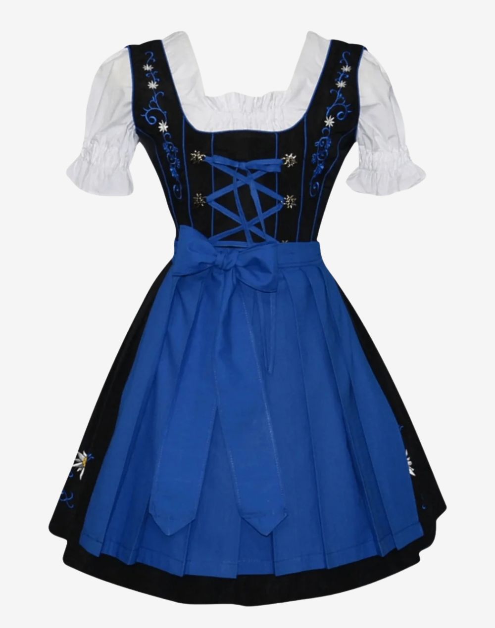 Bavarian style dirndl for women featuring black bodice, green apron and authentic alpine floral embroidery