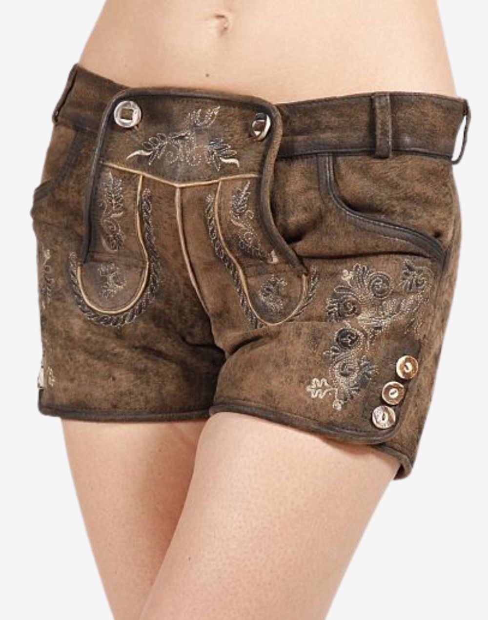 Front view of brown women’s Bavarian-style leather lederhosen shorts featuring traditional embroidered floral patterns, decorative front flap, side pocket, and button details on a distressed leather finish.