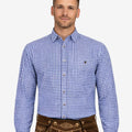 Model wearing Bavarian Style Shirts for Men in blue check front view showing button closure, chest pocket and fitted design