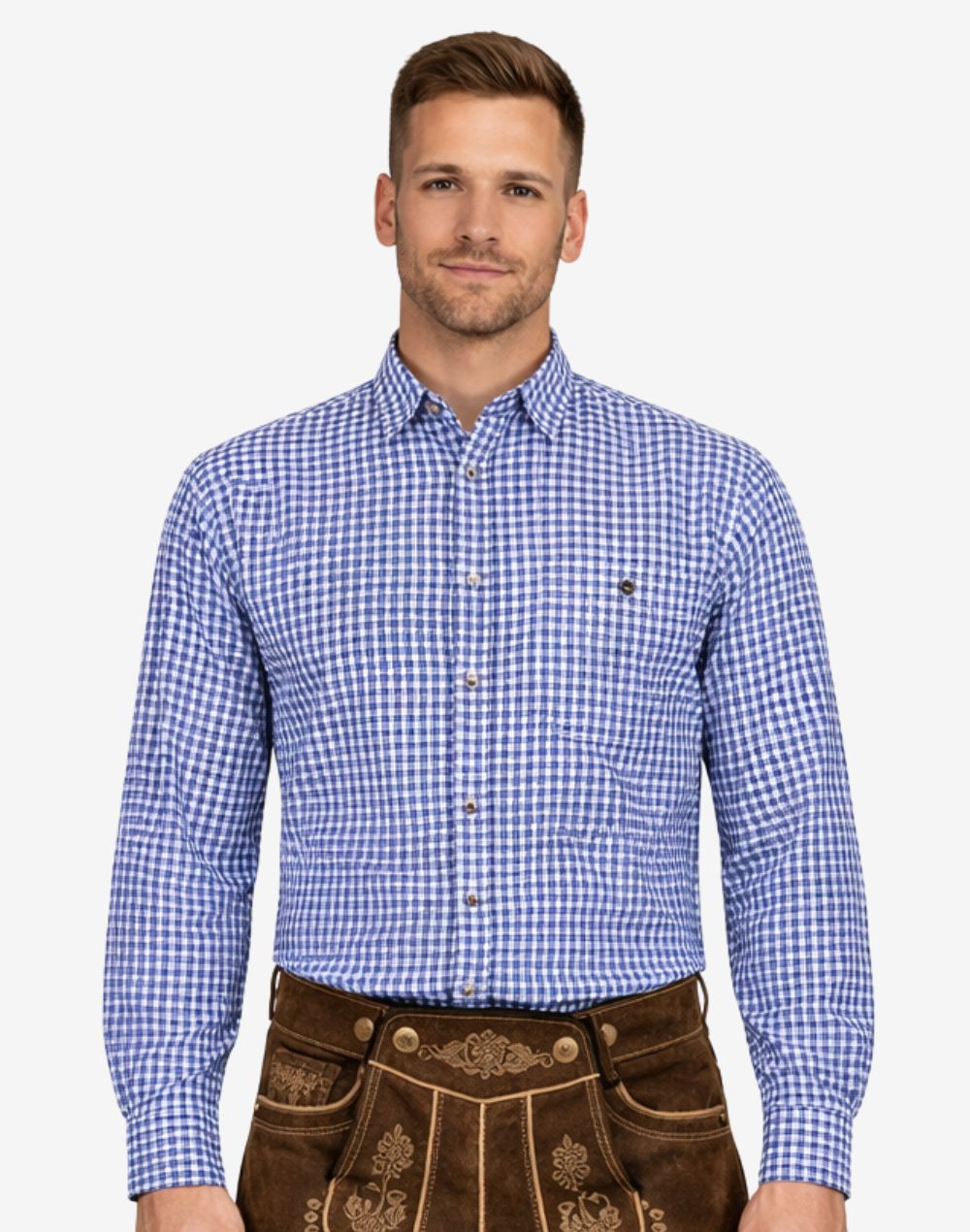 Model wearing Bavarian Style Shirts for Men in blue check front view showing button closure, chest pocket and fitted design