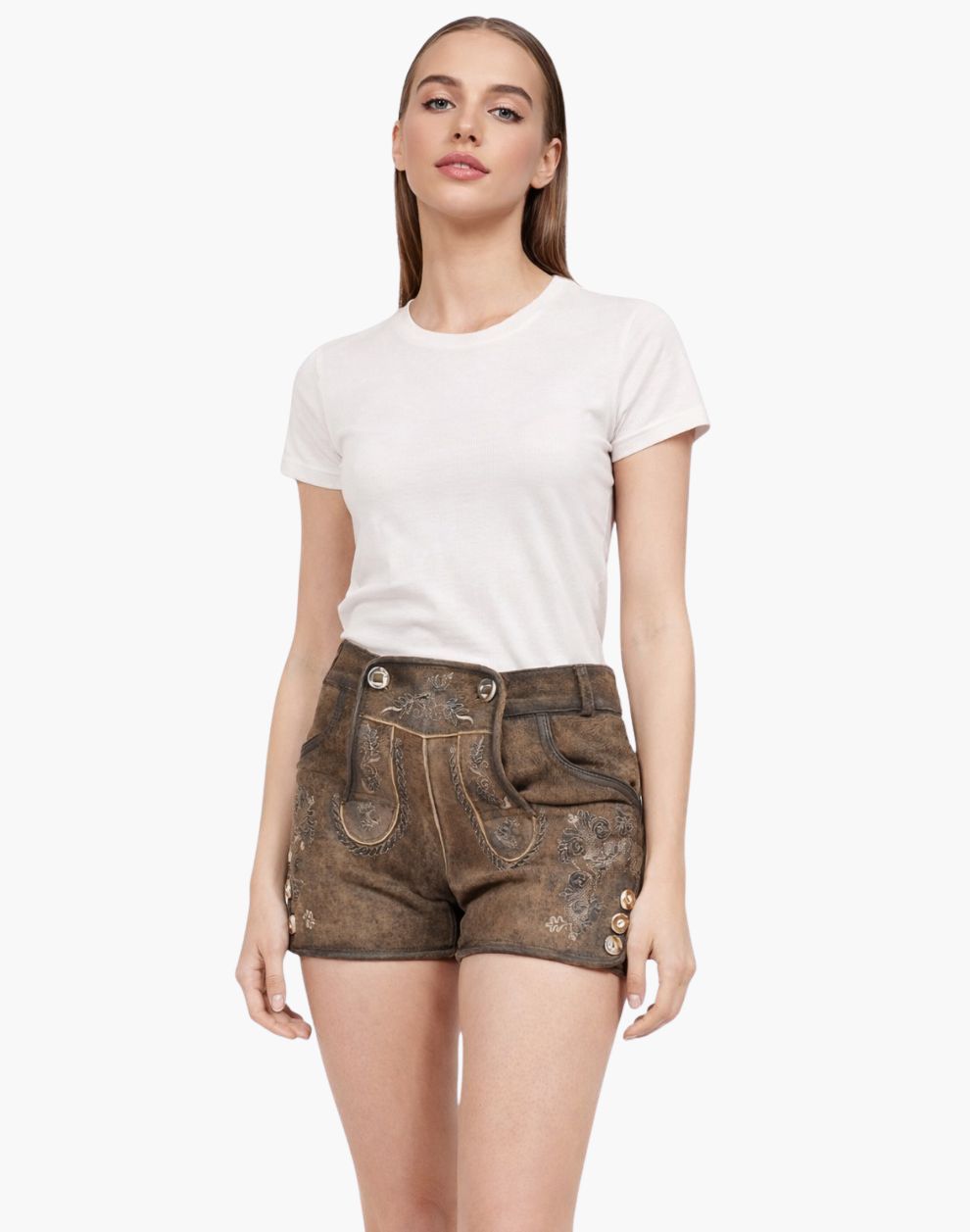 Woman wearing a white t-shirt and brown shorts on a white background