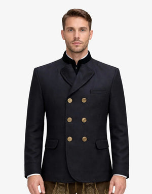 Man wearing a black double-breasted jacket with gold buttons on a white background