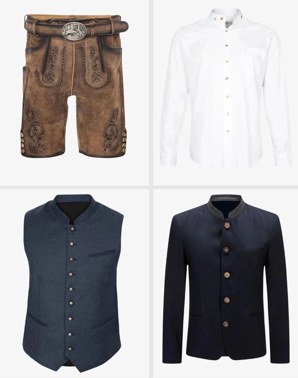 Collection of traditional German clothing items including shorts, shirt, vest, and jacket on a white background.