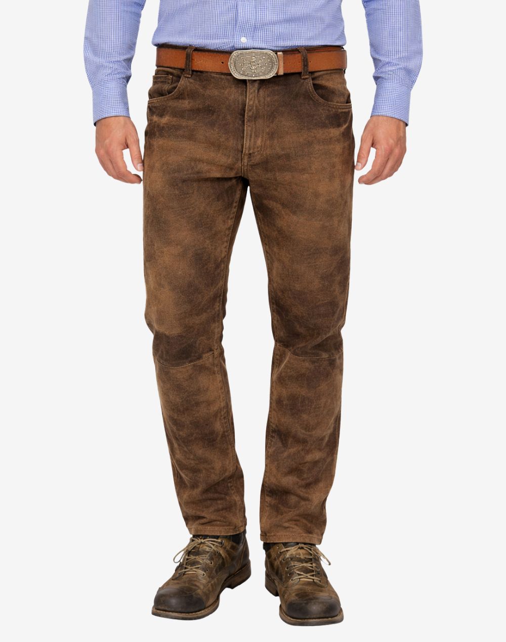 Brown leather pants worn by a person on a white background