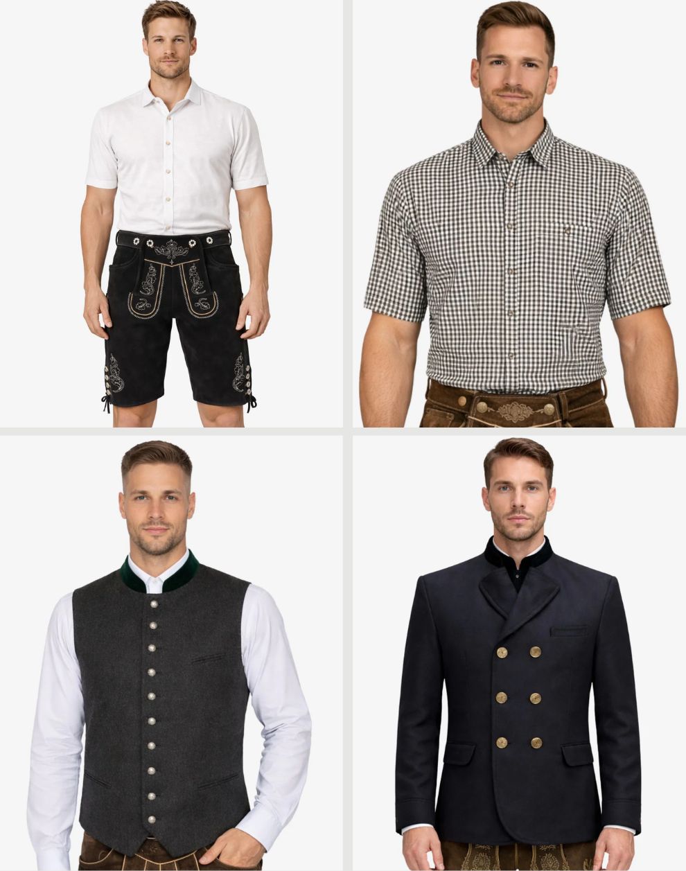 Four images of a man wearing traditional German clothing on a white background