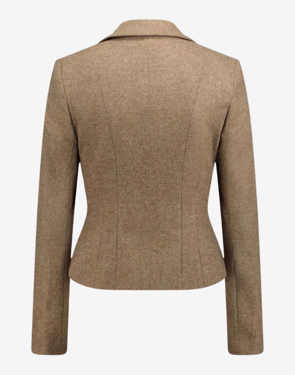 Back view of a women’s beige Bavarian-style trachten jacket with a tailored fit, structured seams, long sleeves, and a classic Alpine heritage design in a wool-blend fabric.
