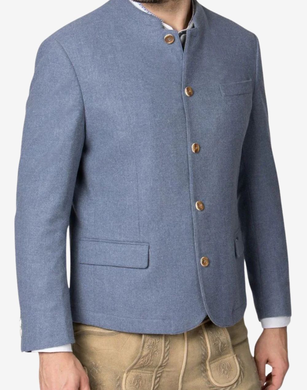 Side profile of blue wool alpine jacket for men showing tailored structure, wool texture and traditional Trachten styling.