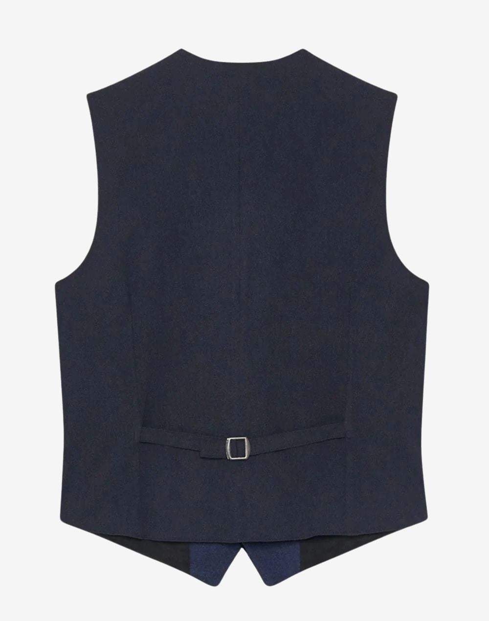 Back view of mens blue alpine wool waistcoat showcasing smooth wool texture, structured tailoring, clean stitching and traditional Bavarian Trachten style suitable for festive and cultural occasions.