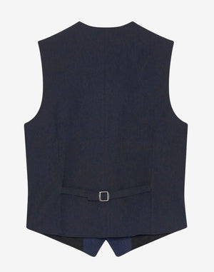 Back view of mens blue alpine wool waistcoat showcasing smooth wool texture, structured tailoring, clean stitching and traditional Bavarian Trachten style suitable for festive and cultural occasions.