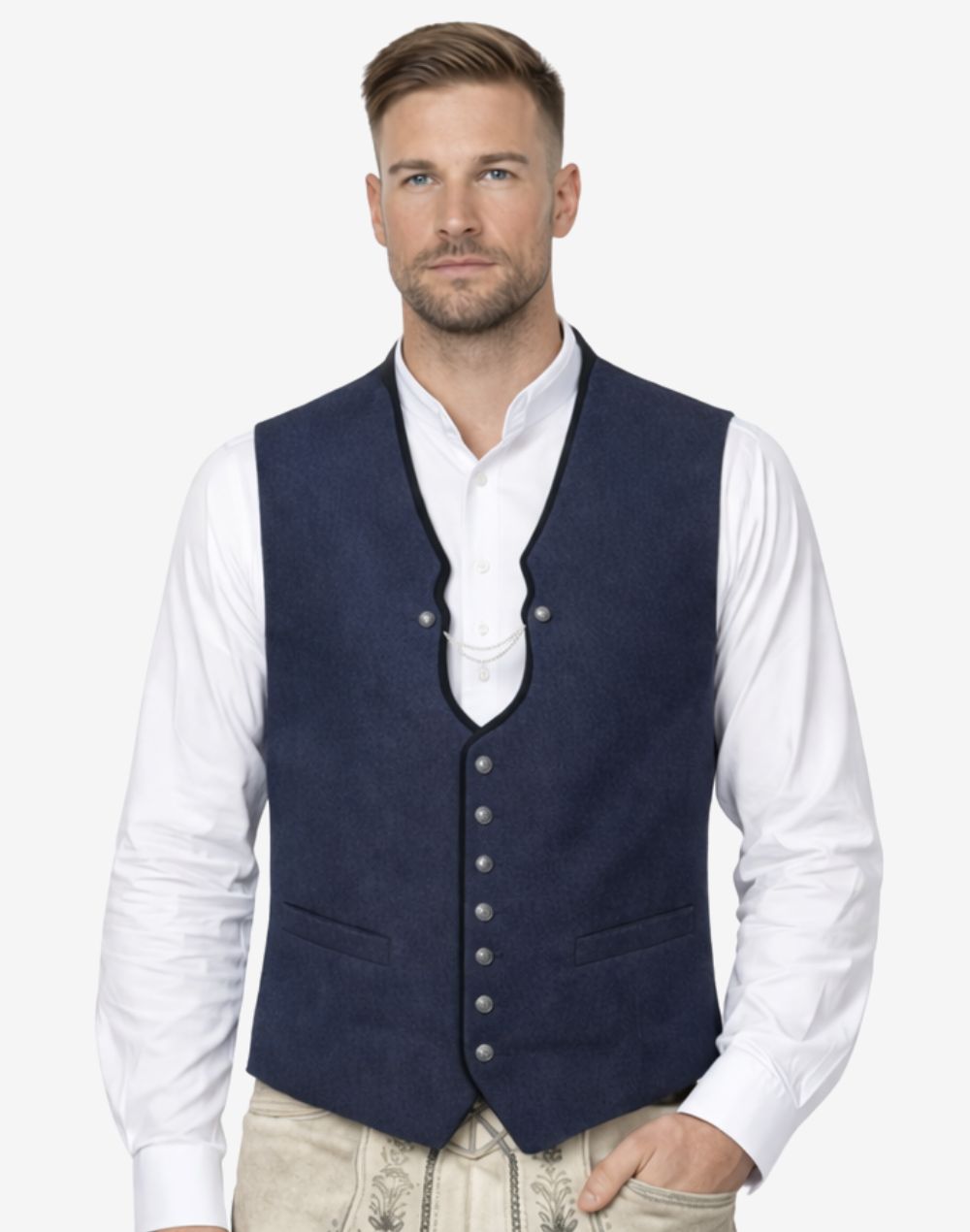 Model wearing mens traditional blue alpine wool waistcoat paired with shirt and lederhosen, highlighting classic Bavarian styling, premium wool fabric and authentic Oktoberfest outfit look.