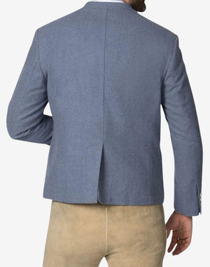 Back view of blue wool alpine jacket for men showing structured seams, tailored fit and traditional Bavarian Trachten style.
