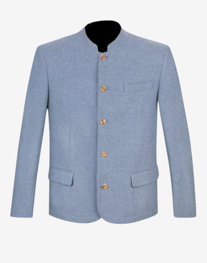 Front view of blue wool alpine jacket for men featuring traditional buttons, stand collar and classic Bavarian tailoring.