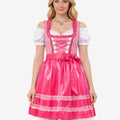 Front view of bright pink traditional women dirndl dress with satin apron, lace trim bodice and Bavarian Oktoberfest styling