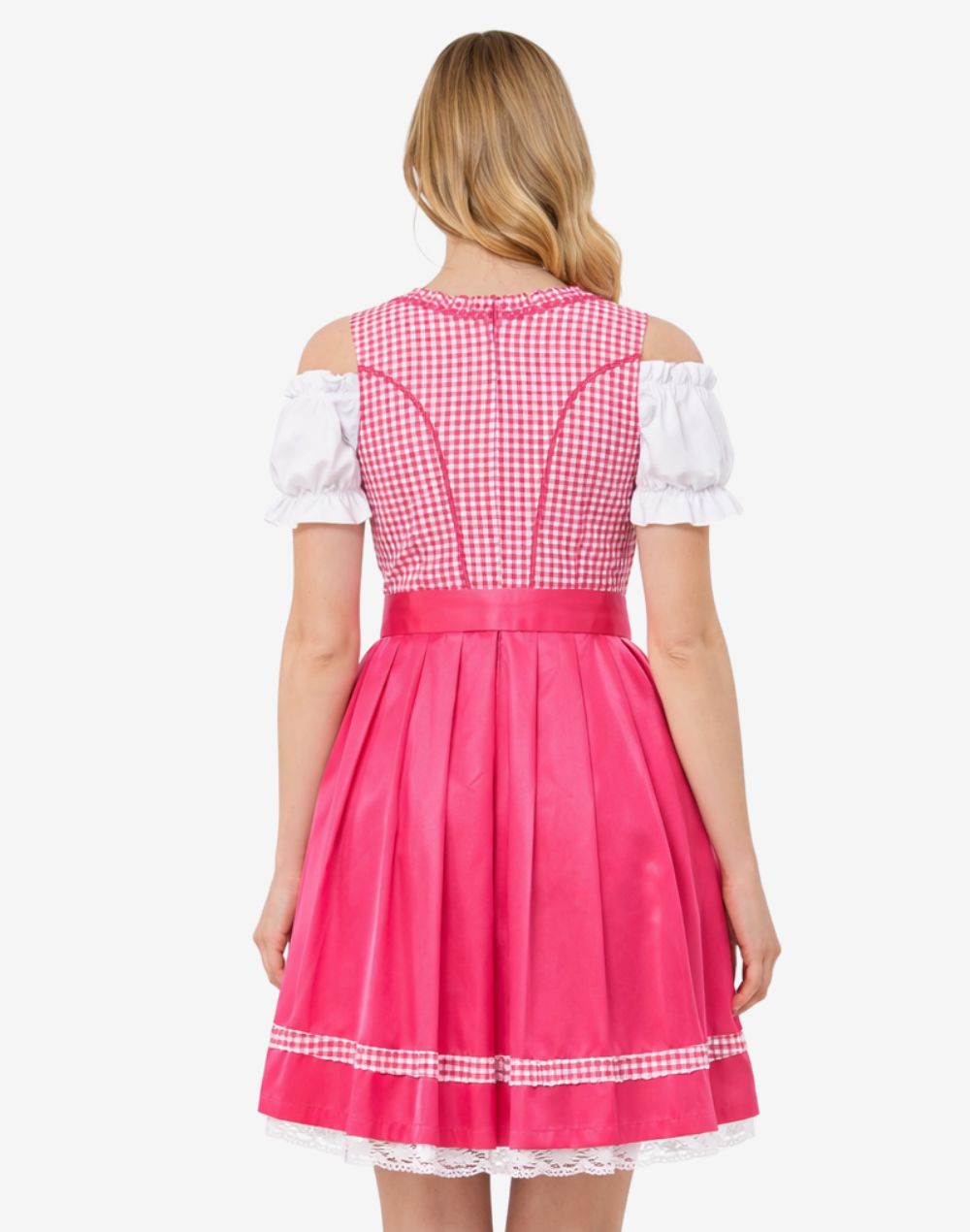 Back view of bright pink women dirndl dress featuring fitted bodice structure, gingham fabric and classic Bavarian silhouette
