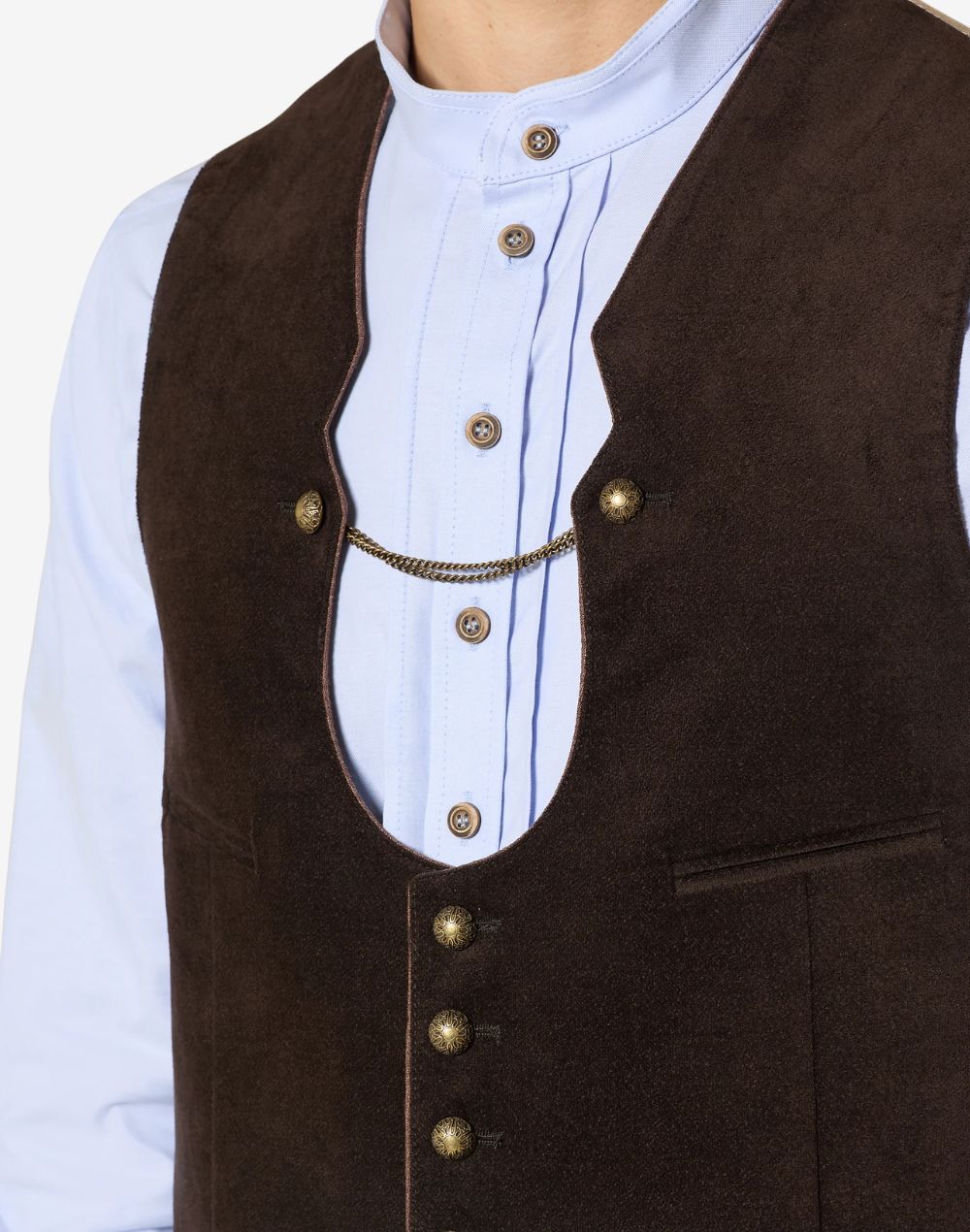 Close up of brown Bavarian vest for men showing traditional horn buttons, wool texture and authentic Trachten design.