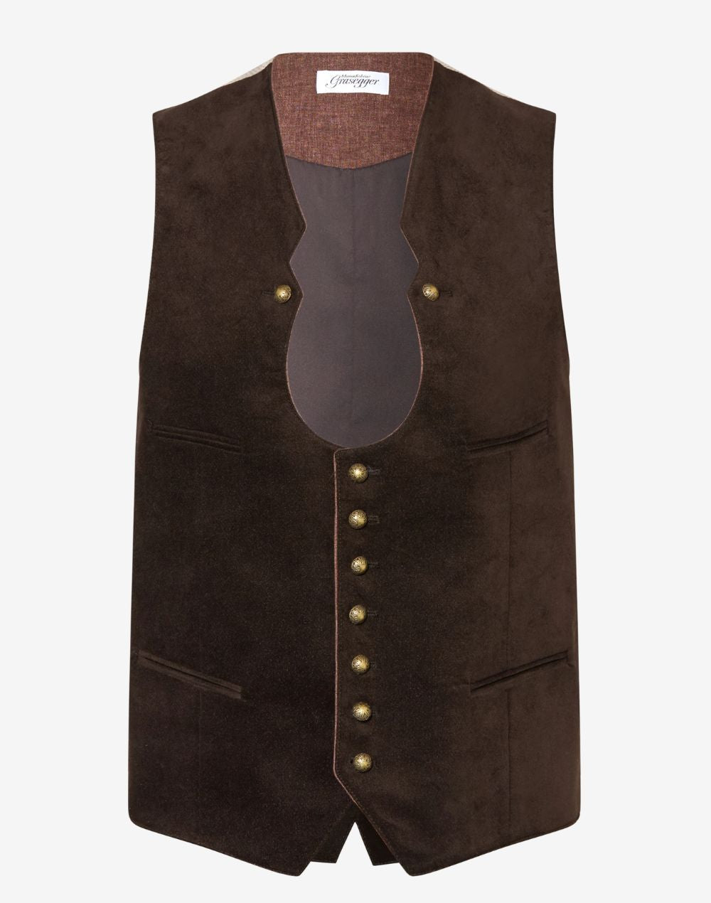Brown Bavarian vest for men in traditional Trachten style with horn buttons, wool fabric and classic Oktoberfest design.