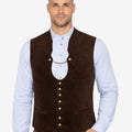 Model wearing brown Bavarian vest for men paired with traditional shirt and lederhosen for classic Oktoberfest outfit.