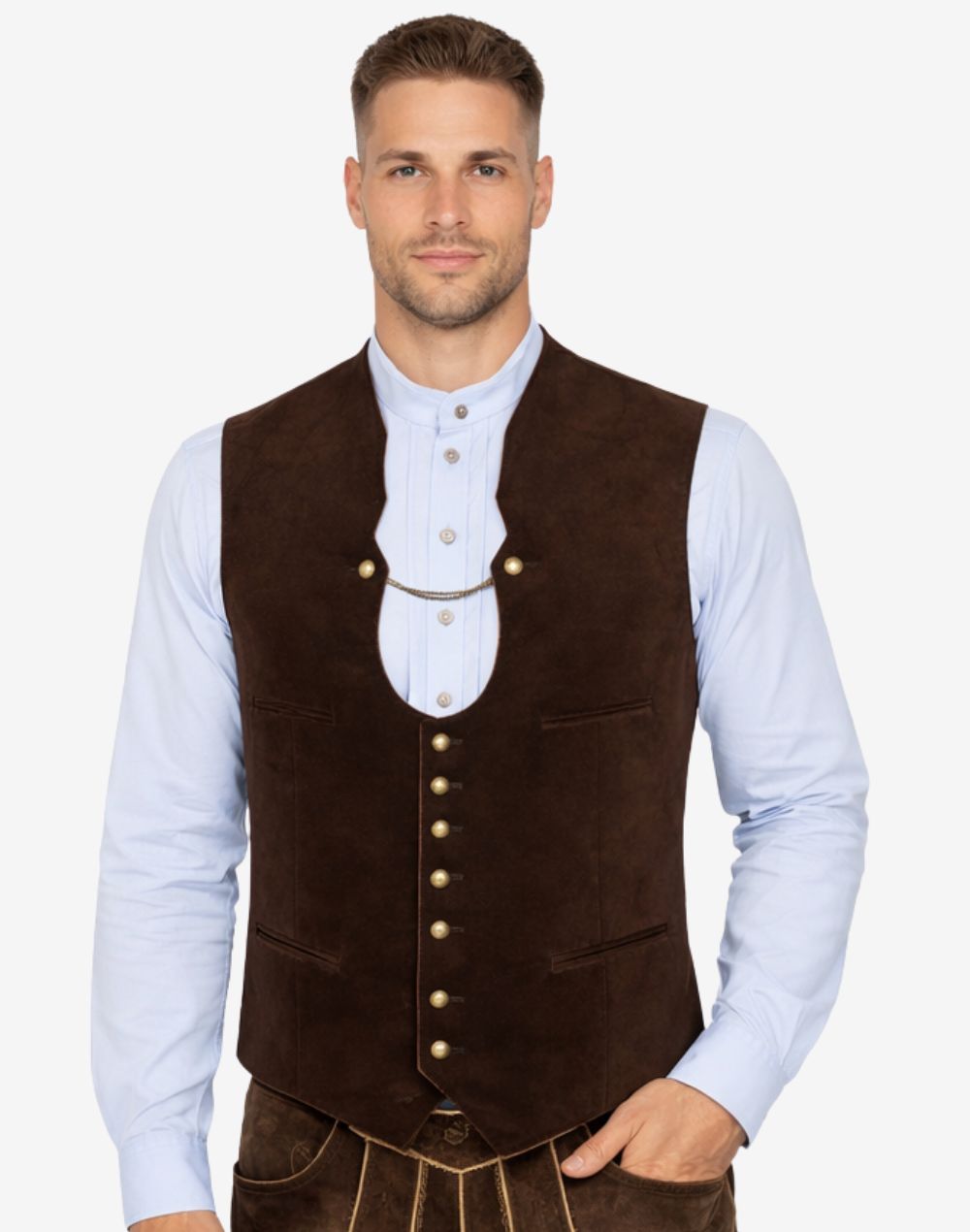 Model wearing brown Bavarian vest for men paired with traditional shirt and lederhosen for classic Oktoberfest outfit.