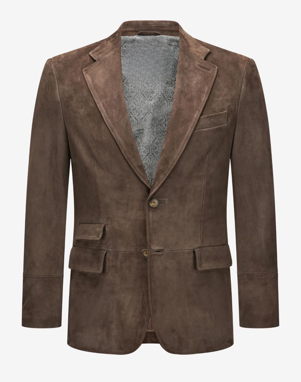 Front view of brown suede mens Trachten blazer featuring classic Bavarian style, notch lapel, soft suede texture, and traditional button closure.