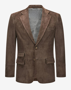 Front view of brown suede mens Trachten blazer featuring classic Bavarian style, notch lapel, soft suede texture, and traditional button closure.
