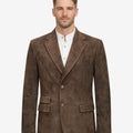 Model wearing brown suede mens Trachten blazer with traditional Bavarian design, notch lapel, and authentic Oktoberfest outfit styling.