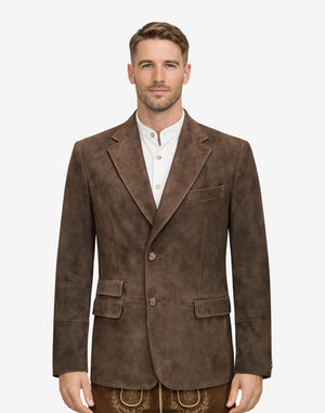 Model wearing brown suede mens Trachten blazer with traditional Bavarian design, notch lapel, and authentic Oktoberfest outfit styling.