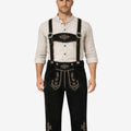Men's dark brown leather Bundhosen with embroidered leather suspenders and light grey floral embroidery.