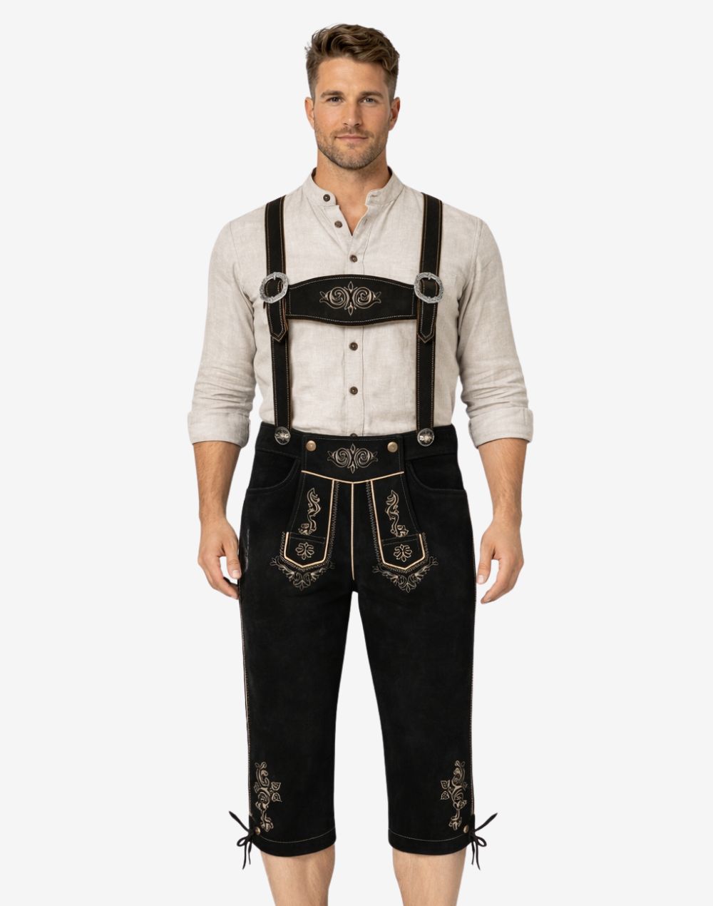 Men's dark brown leather Bundhosen with embroidered leather suspenders and light grey floral embroidery.