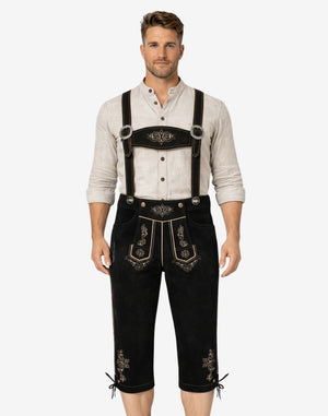 Men's dark brown leather Bundhosen with embroidered leather suspenders and light grey floral embroidery.