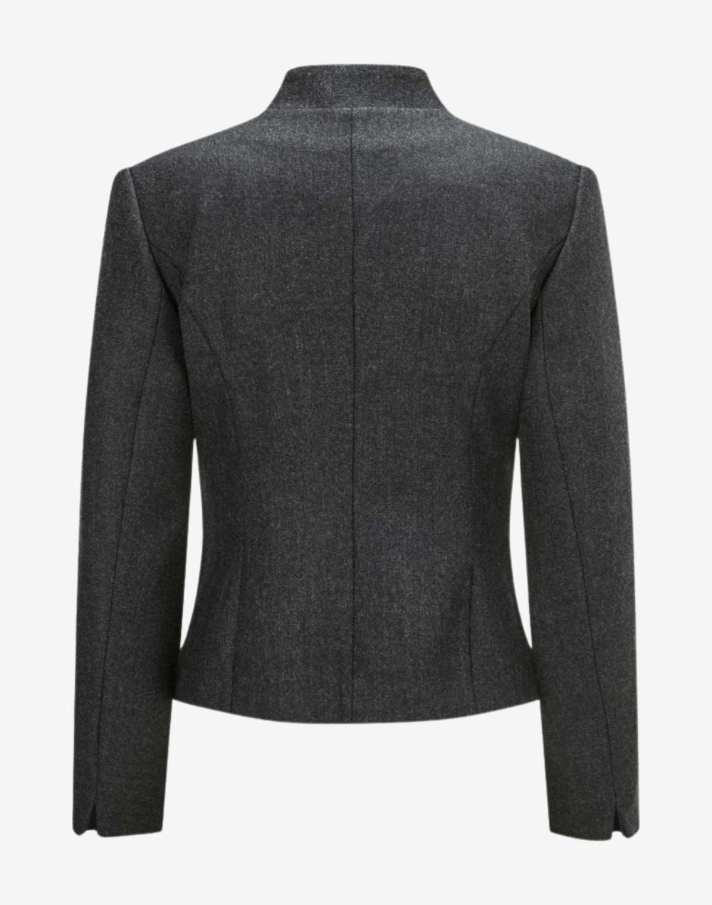 Back view of a women’s charcoal grey wool trachten jacket featuring a stand collar, tailored waist seams, long sleeves, and a clean structured Alpine heritage design.
